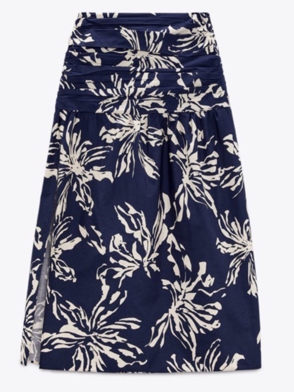 ZARA Blue White Floral Printed Maxi Skirt Ruched Pleated High Waist Slit XS